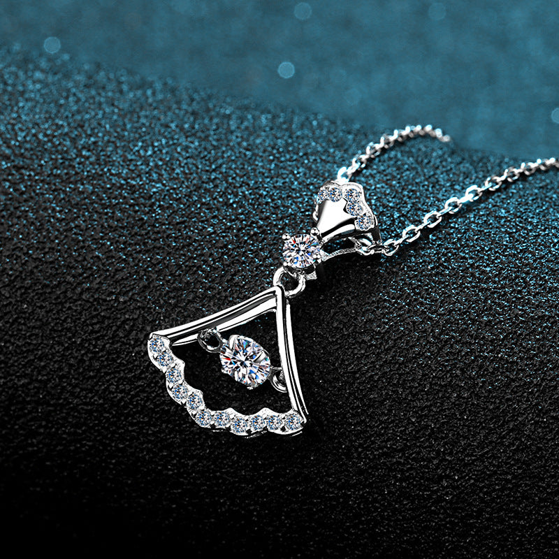 S925 Sterling Silver Fan Dress Pendant Necklace - 0.3CT Moissanite Unique Collarbone Chain
