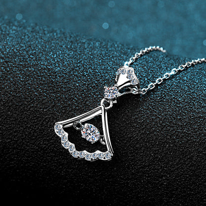 S925 Sterling Silver Fan Dress Pendant Necklace - 0.3CT Moissanite Unique Collarbone Chain