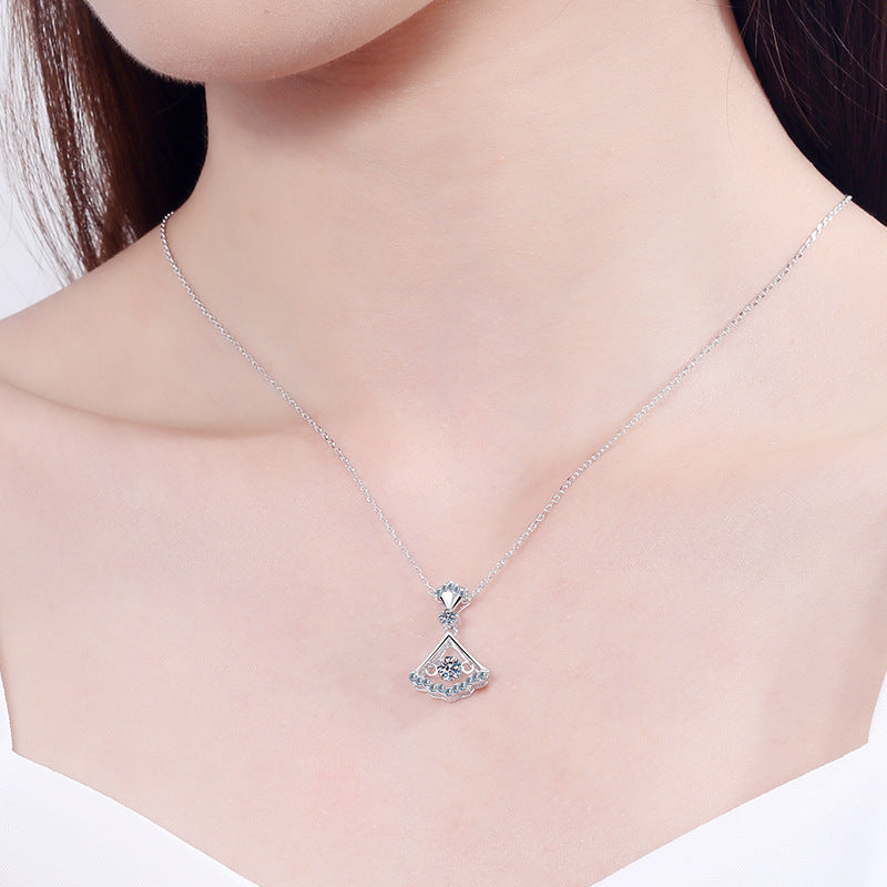 S925 Sterling Silver Fan Dress Pendant Necklace - 0.3CT Moissanite Unique Collarbone Chain