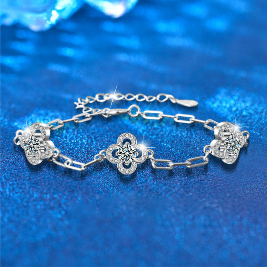 S925 Sterling Silver Floral Bracelet with 0.2ct Moissanite European Style Travel Jewelry Rhodium Plated