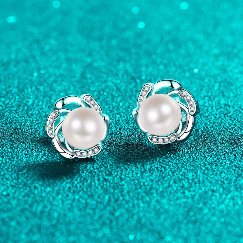 S925 Sterling Silver Floral Bud Stud Earrings - 0.15ct Moissanite & 8-9mm Freshwater Pearls