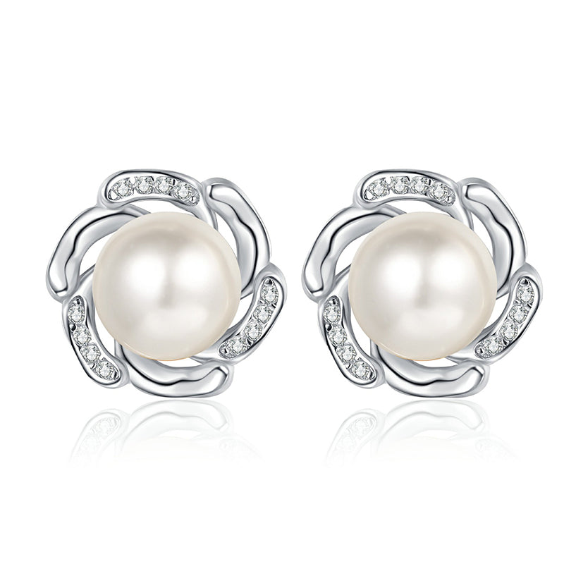 S925 Sterling Silver Floral Bud Stud Earrings - 0.15ct Moissanite & 8-9mm Freshwater Pearls
