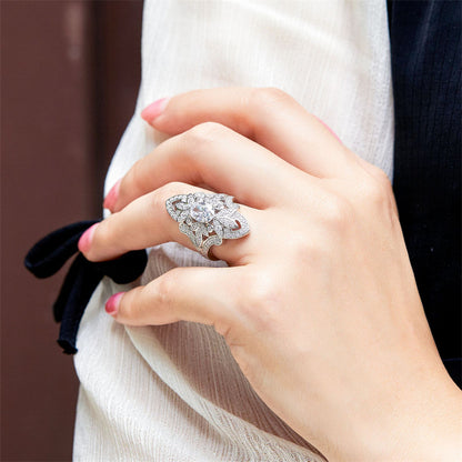 S925 Sterling Silver Floral Statement Ring - Bold 1.5ct Marquise Zirconia Jewelry