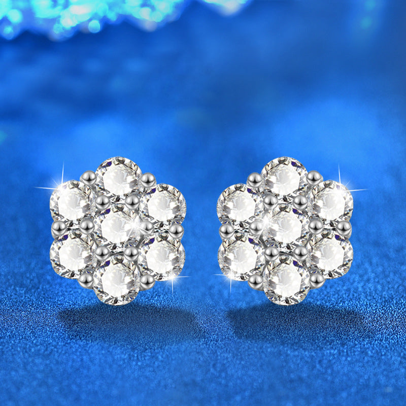 S925 Sterling Silver Floral Stud Earrings with 0.1ct Moissanite Petals - White Gold Plated Minimalist Flower Jewelry for Women