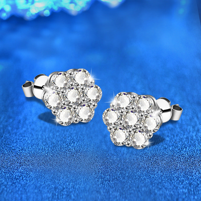 S925 Sterling Silver Floral Stud Earrings with 0.1ct Moissanite Petals - White Gold Plated Minimalist Flower Jewelry for Women