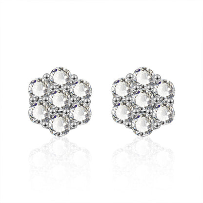 S925 Sterling Silver Floral Stud Earrings with 0.1ct Moissanite Petals - White Gold Plated Minimalist Flower Jewelry for Women