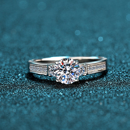 S925 Sterling Silver Four-Prong 0.80ct Moissanite Crown Engagement Ring with Floral Motifs