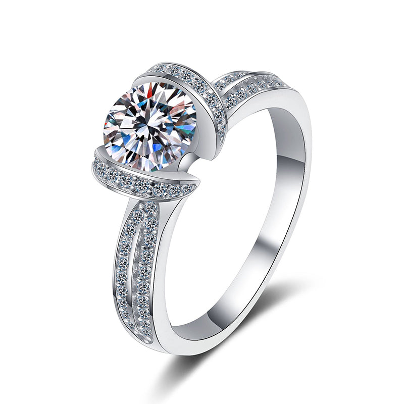 S925 Sterling Silver Four-Prong 0.80ct Moissanite Crown Engagement Ring with Floral Motifs
