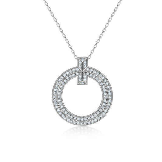 S925 Sterling Silver Full-Zirconia Circle Pendant Necklace - Elegant Hoop Collarbone Chain