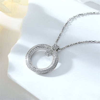 S925 Sterling Silver Full-Zirconia Circle Pendant Necklace - Elegant Hoop Collarbone Chain