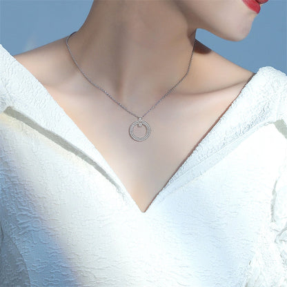 S925 Sterling Silver Full-Zirconia Circle Pendant Necklace - Elegant Hoop Collarbone Chain