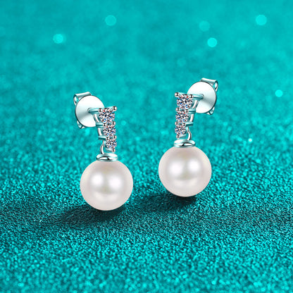 S925 Sterling Silver Geometric Pearl Earrings with 0.23ct Moissanite - Minimalist Luxury Design