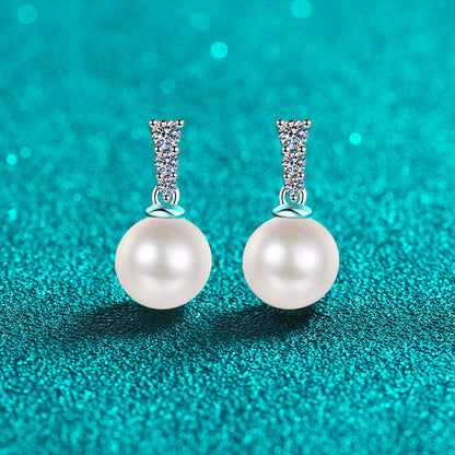 S925 Sterling Silver Geometric Pearl Earrings with 0.23ct Moissanite - Minimalist Luxury Design