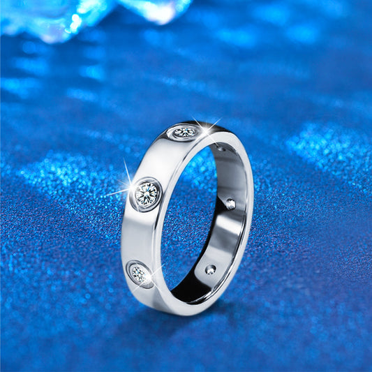 S925 Sterling Silver Geometric Ring with 0.7ct Round Moissanite Rhodium Plated Minimalist Band for Women Size 5-8