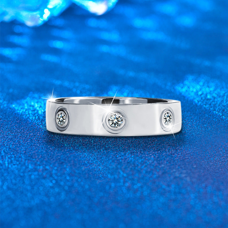 S925 Sterling Silver Geometric Ring with 0.7ct Round Moissanite Rhodium Plated Minimalist Band for Women Size 5-8