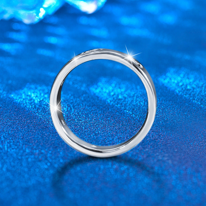 S925 Sterling Silver Geometric Ring with 0.7ct Round Moissanite Rhodium Plated Minimalist Band for Women Size 5-8