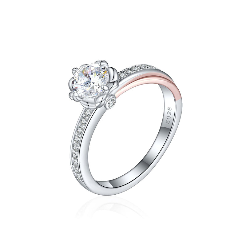 S925 Sterling Silver Half-Eternity Floral Ring - Dual-Tone Wedding Jewelry