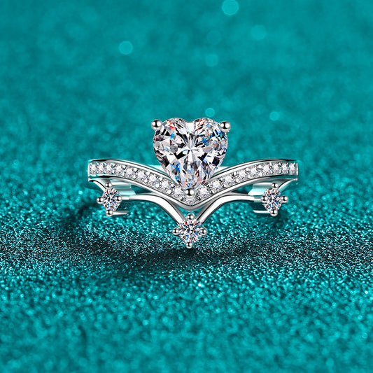 S925 Sterling Silver Heart-Shaped Moissanite Ring with Lightning & Rainbow Design, Maillard Aesthetic for Women