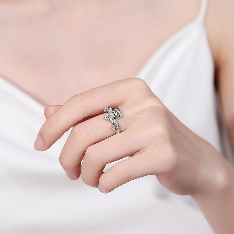 S925 Sterling Silver Heart-Shaped Moissanite Ring with Lightning & Rainbow Design, Maillard Aesthetic for Women