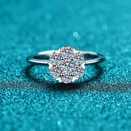 S925 Sterling Silver Heart 6-Prong Moissanite Ring PT950 Plated - Chinese Traditional Motif Wedding Band