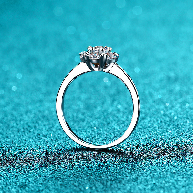S925 Sterling Silver Heart 6-Prong Moissanite Ring PT950 Plated - Chinese Traditional Motif Wedding Band