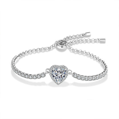 S925 Sterling Silver Heart Bracelet with 1ct or 2ct Moissanite Versatile Anniversary Jewelry White Gold Plated