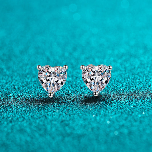 S925 Sterling Silver Heart Moissanite Stud Earrings Plated with Pt950 Gold - 1ct/2ct Dainty Gift for Her