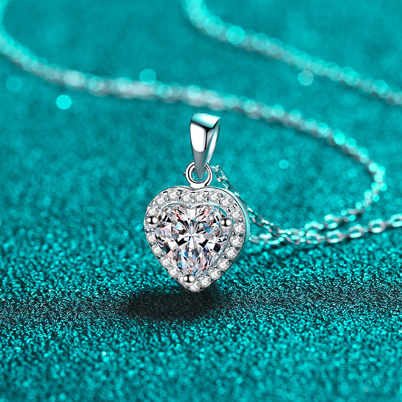 S925 Sterling Silver Heart Pendant Necklace - 1CT Moissanite PT950-Plated Cluster Collarbone Chain