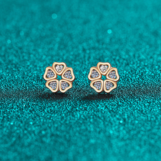 S925 Sterling Silver Heart Petal Moissanite Stud Earrings - Champagne Gold Floral-Inspired Romantic Jewelry