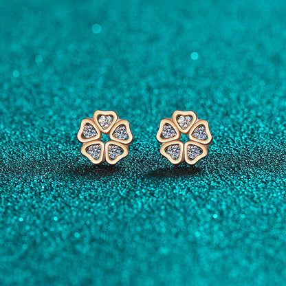 S925 Sterling Silver Heart Petal Moissanite Stud Earrings - Champagne Gold Floral-Inspired Romantic Jewelry