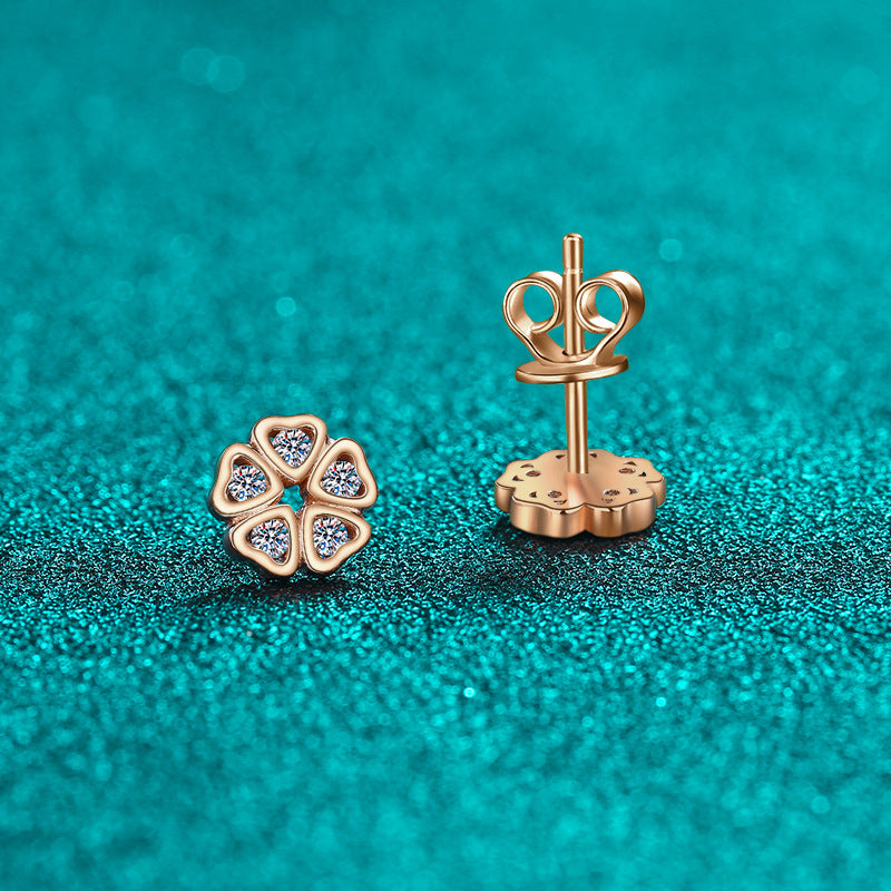 S925 Sterling Silver Heart Petal Moissanite Stud Earrings - Champagne Gold Floral-Inspired Romantic Jewelry