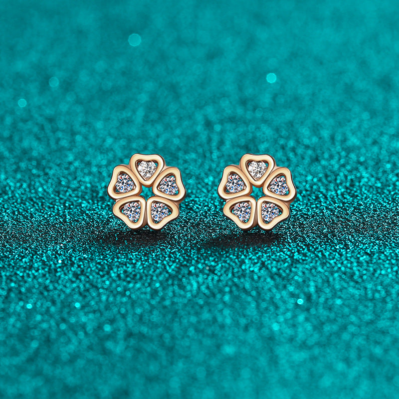 S925 Sterling Silver Heart Petal Moissanite Stud Earrings - Champagne Gold Floral-Inspired Romantic Jewelry