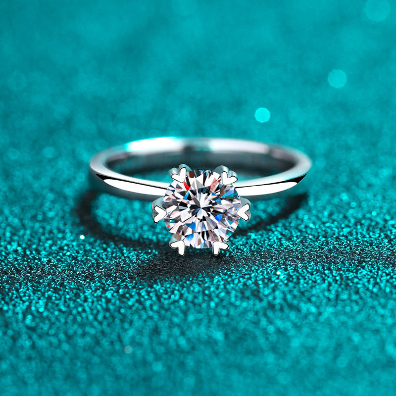 S925 Sterling Silver Heart Shaped Six-Prong Moissanite Ring with Steamed Bun Motif