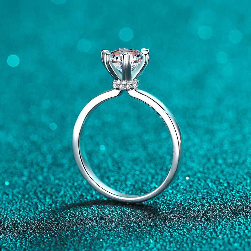 S925 Sterling Silver Heart Shaped Six-Prong Moissanite Ring with Steamed Bun Motif