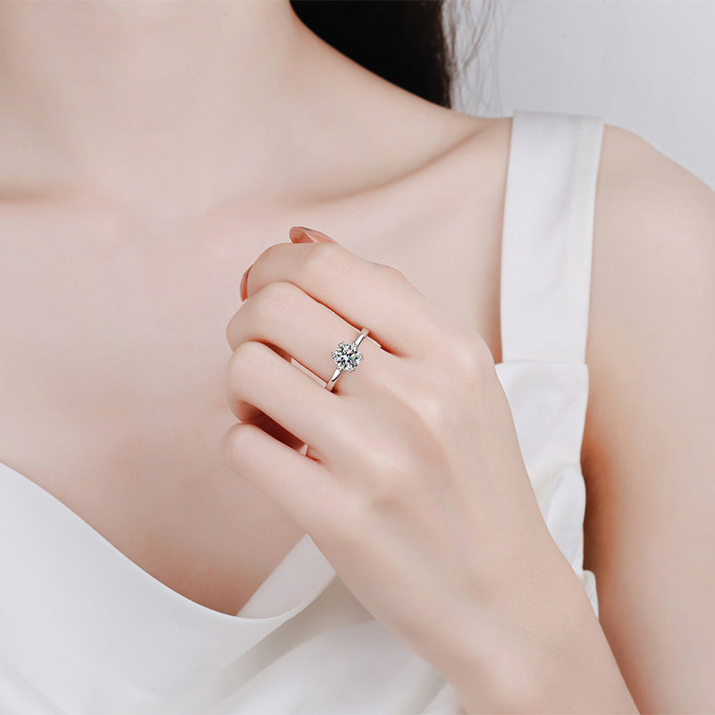 S925 Sterling Silver Heart Shaped Six-Prong Moissanite Ring with Steamed Bun Motif