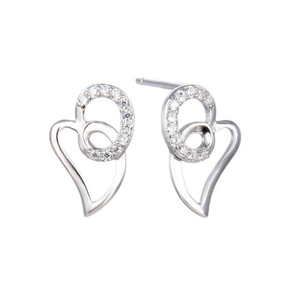 S925 Sterling Silver Heart Stud Earrings - Geometric Love Design CZ Earrings with Plastic Backs