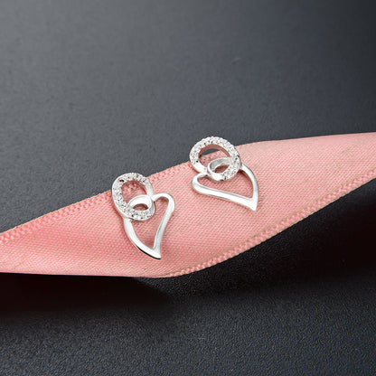 S925 Sterling Silver Heart Stud Earrings - Geometric Love Design CZ Earrings with Plastic Backs