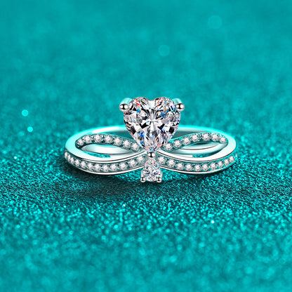 S925 Sterling Silver Heartbeat Ring with Moissanite - PT950 Plated Minimalist Bear Design Ring for Women