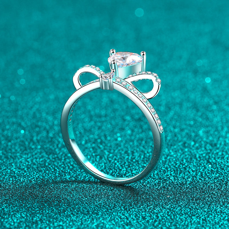 S925 Sterling Silver Heartbeat Ring with Moissanite - PT950 Plated Minimalist Bear Design Ring for Women