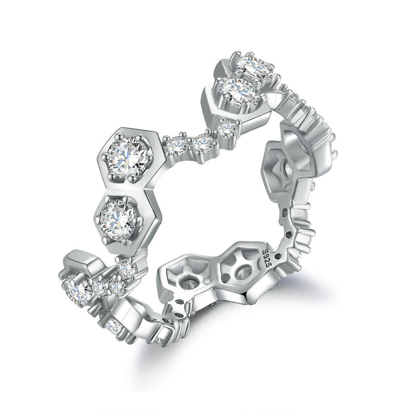 S925 Sterling Silver Honeycomb Ring - Unique Geometric Zirconia Wedding Jewelry