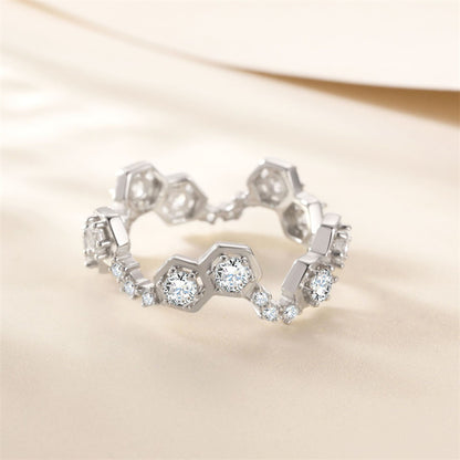 S925 Sterling Silver Honeycomb Ring - Unique Geometric Zirconia Wedding Jewelry