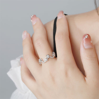 S925 Sterling Silver Honeycomb Ring - Unique Geometric Zirconia Wedding Jewelry