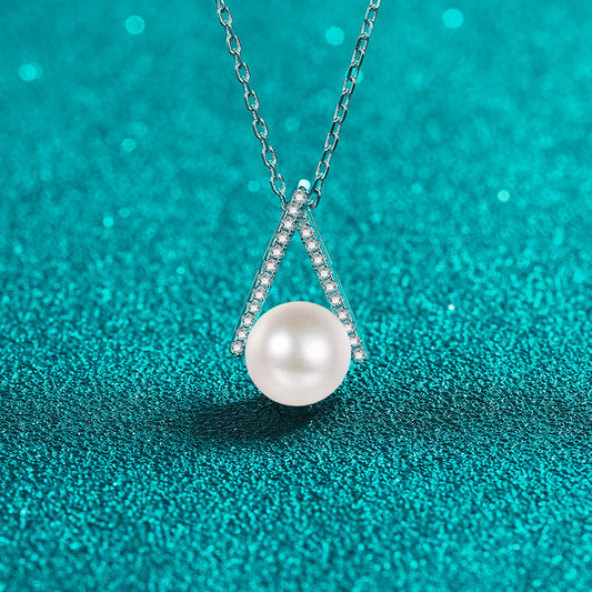 S925 Sterling Silver Inverted V Necklace - 11-Point Moissanite Pavé & 8-9mm Pearl Modern Statement Choker