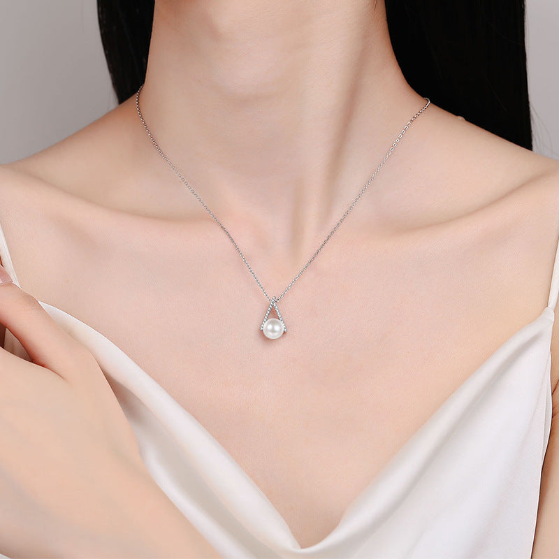 S925 Sterling Silver Inverted V Necklace - 11-Point Moissanite Pavé & 8-9mm Pearl Modern Statement Choker