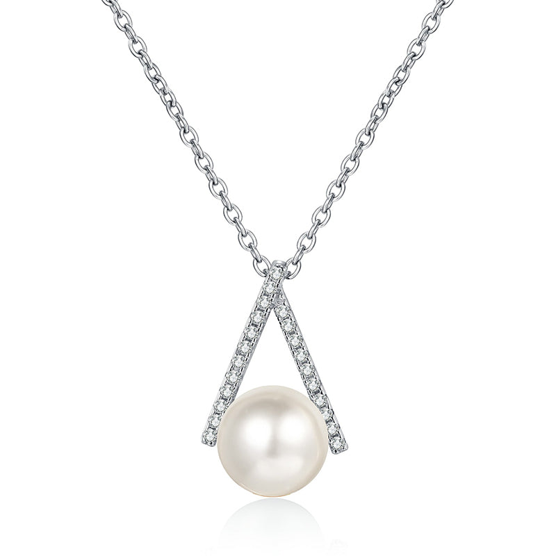 S925 Sterling Silver Inverted V Necklace - 11-Point Moissanite Pavé & 8-9mm Pearl Modern Statement Choker