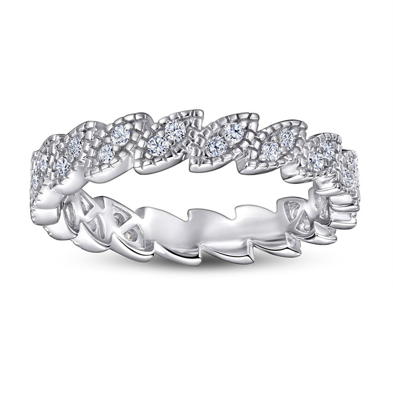 S925 Sterling Silver Leaf-Inspired Stackable Ring - Elegant Pavé Zirconia Band