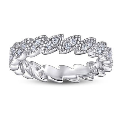 S925 Sterling Silver Leaf-Inspired Stackable Ring - Elegant Pavé Zirconia Band