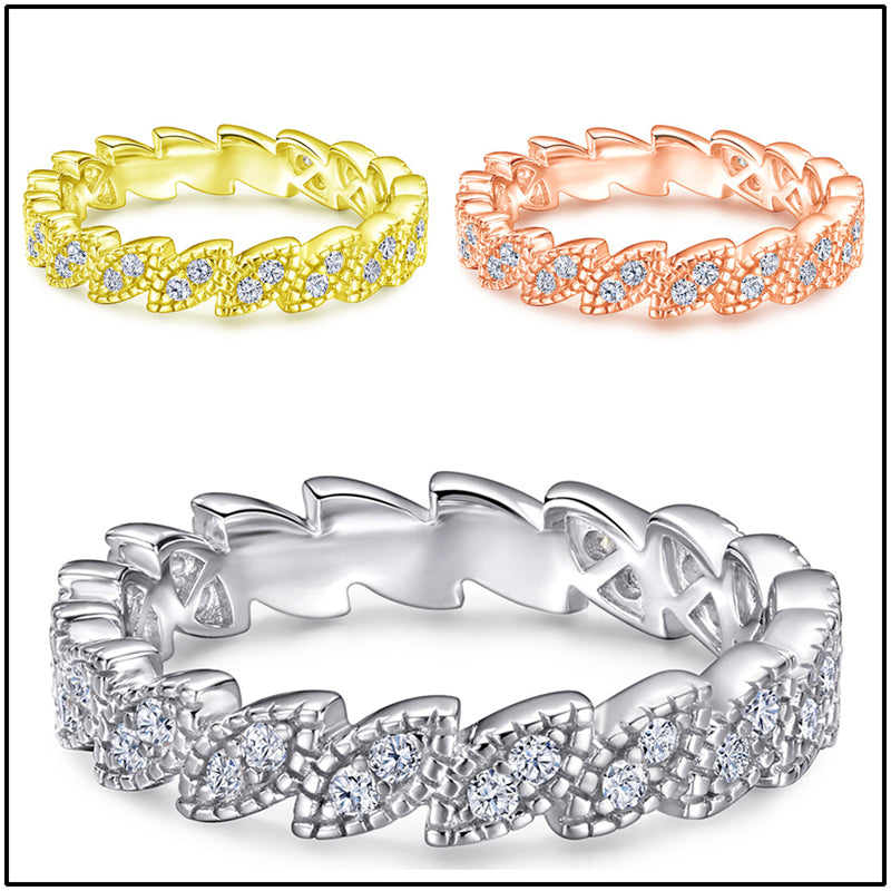 S925 Sterling Silver Leaf-Inspired Stackable Ring - Elegant Pavé Zirconia Band