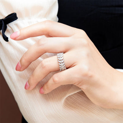 S925 Sterling Silver Leaf Eternity Band - Full Pavé Zirconia Nature-Inspired Ring