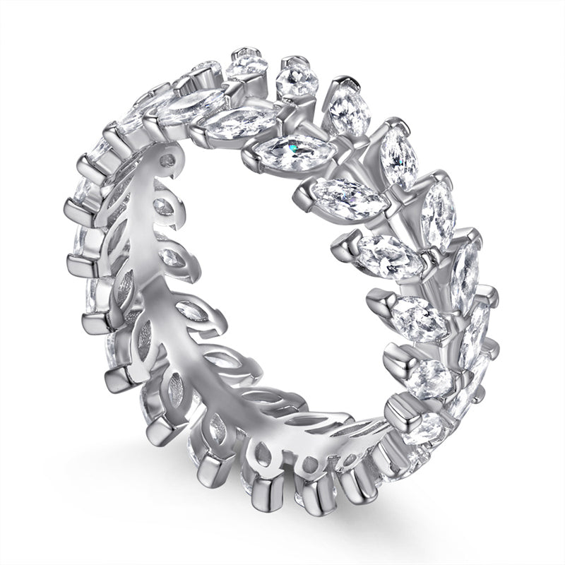 S925 Sterling Silver Leaf Eternity Band - Full Pavé Zirconia Nature-Inspired Ring